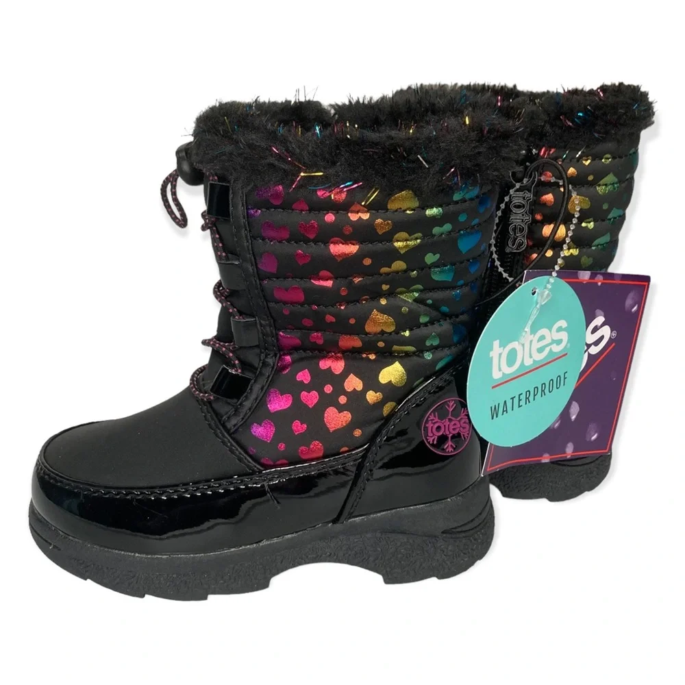 Totes Renee Winter Boots Rainbow Hearts Toddler Girls Zip Up Faux Fur Flat Heel
